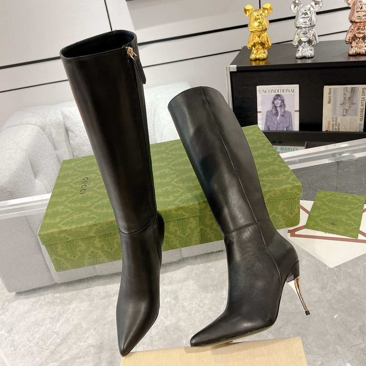 GG KNEE BOOTS IN BLACK CALFSKIN WITH GOLD PLATED HEEL