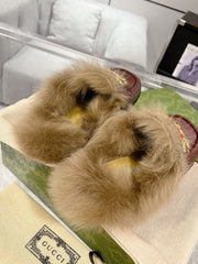 HORSEBIT MULE WITH WEB IN WINE RED CALFSKIN MIX MINK FUR