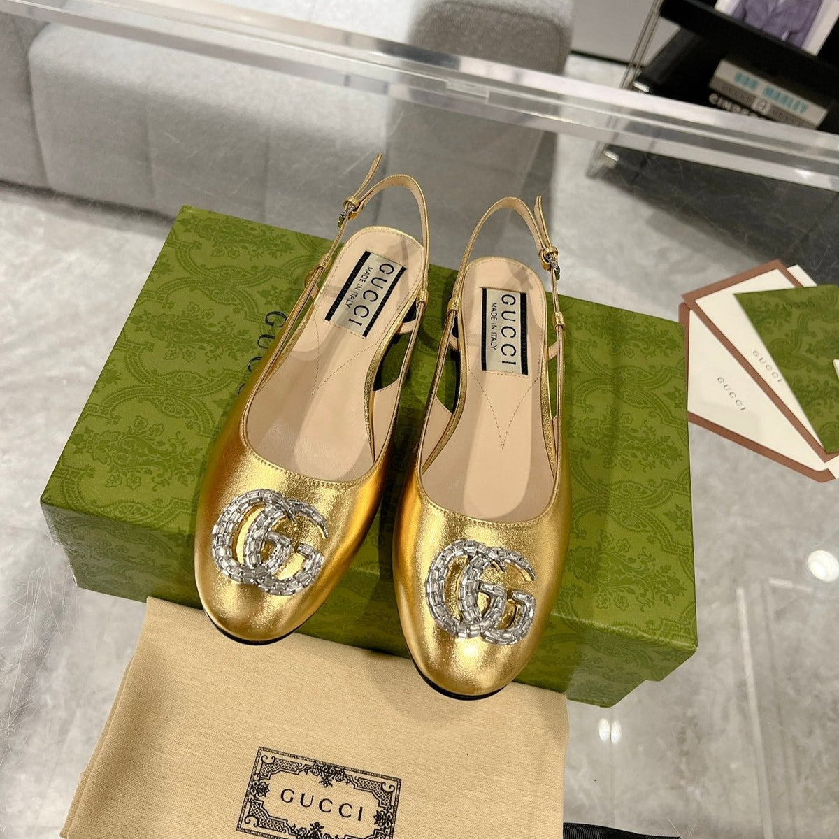 GG CRYSTALS SLINGBACK BALLET METALLIC GOLD CALFSKIN