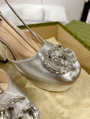 GG CRYSTALS PLATFORM PUMPS SILVER CALFSKIN