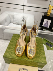 HIGH SANDAL SQUARE HEEL 12 CM IN GOLD CALFSKIN