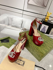 GG CRYSTALS PLATFORM PUMPS SCARLET CALFSKIN