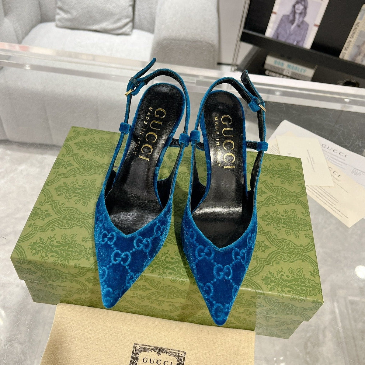 GG SLINGBACK HIGH HEEL PUMP AZURE VELVET