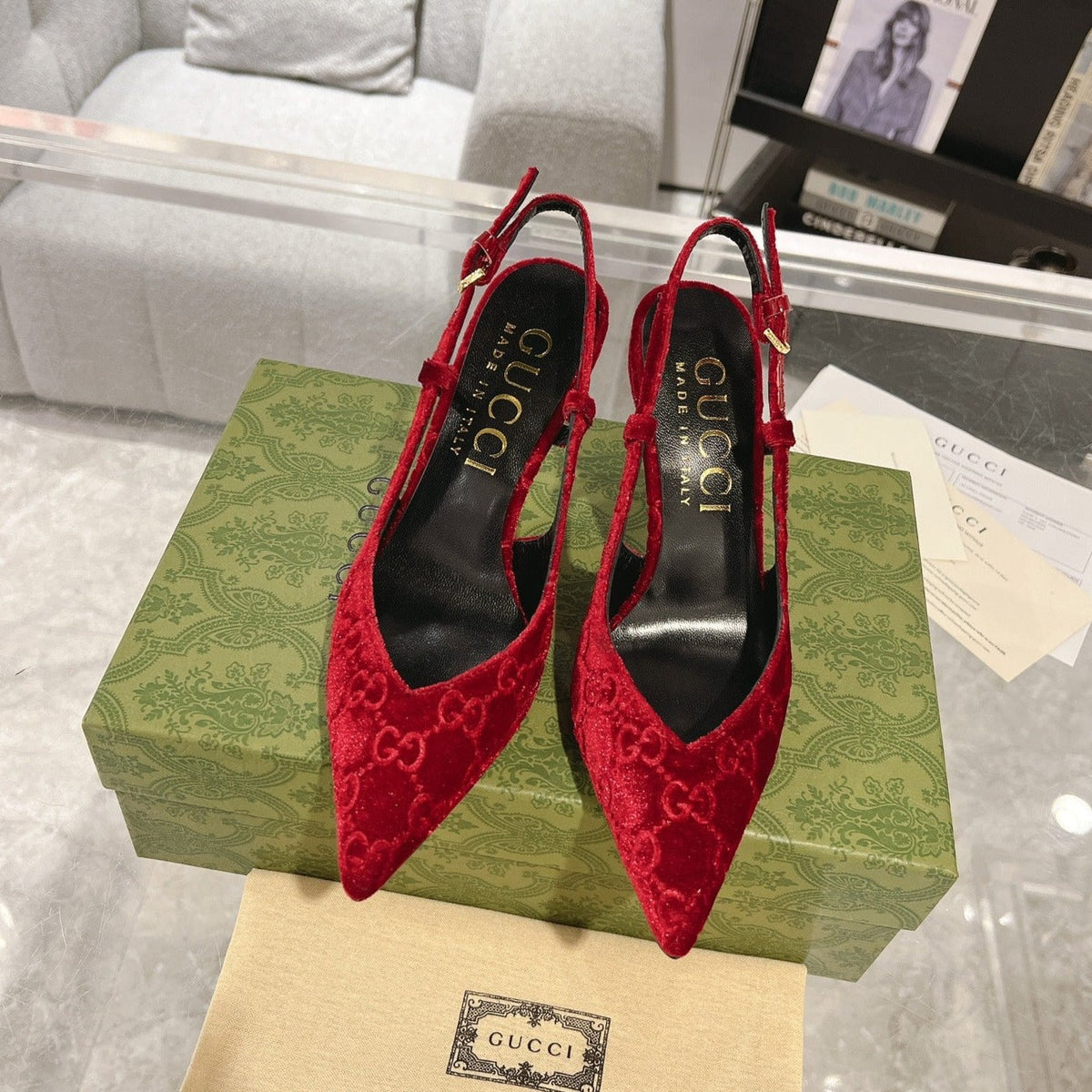GG SLINGBACK HIGH HEEL PUMP CHERRY VELVET