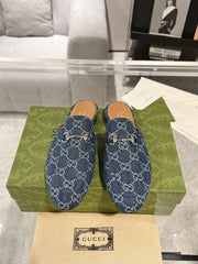 MEN'S MULE WITH HORSEBIT IN DENIM BLUE MONOGRAM JACQUARD FABRIC