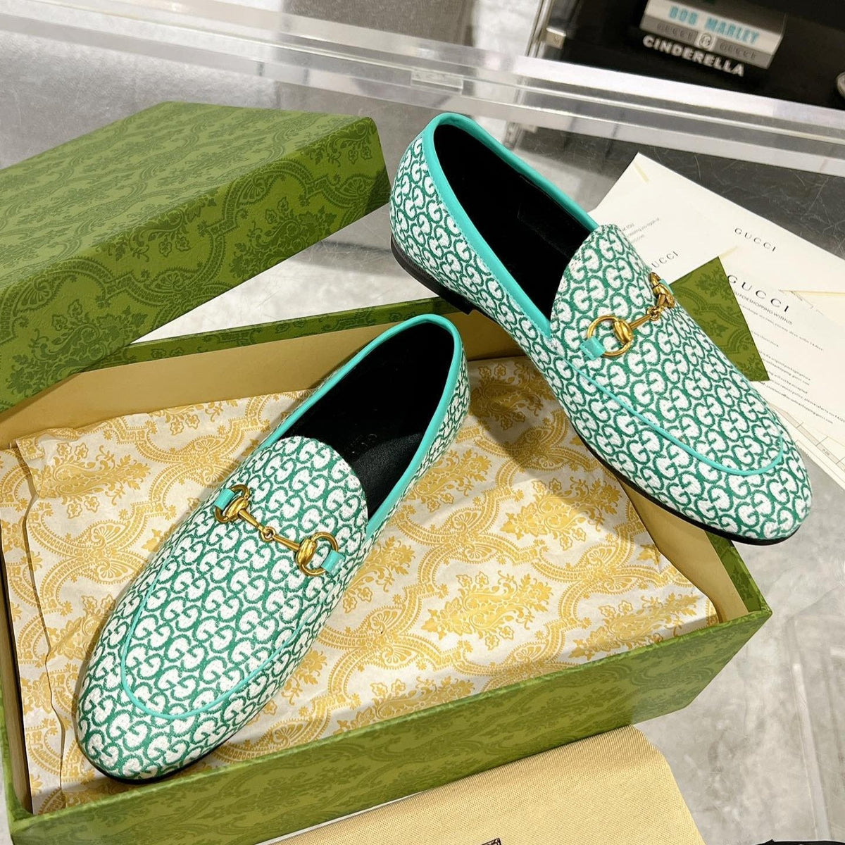 MEN'S LOAFER WITH HORSEBIT IN MINT GREEN MONOGRAM JACQUARD FABRIC
