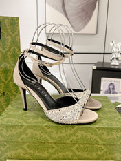 GG CRYSTAL CREAM HIGH HEEL SANDALS SATIN