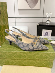 GG MID-HEELED SLINGBACK 4.5 CM IN PALE GRAY CANVAS