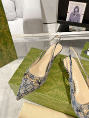 GG MID-HEELED SLINGBACK 4.5 CM IN PALE GRAY CANVAS