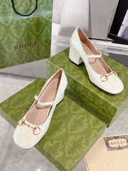 HORSEBIT MARY JANE HEEL IN WHITE CALFSKIN GOLD HARDWARE