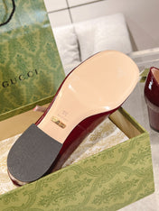 HORSEBIT MARY JANE HEEL IN CRIMSON RED CALFSKIN GOLD HARDWARE