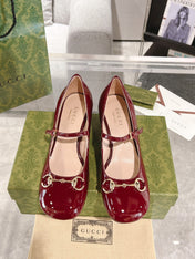 HORSEBIT MARY JANE HEEL IN CRIMSON RED CALFSKIN GOLD HARDWARE