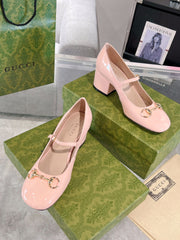 HORSEBIT MARY JANE HEEL IN LIGHT PINK CALFSKIN GOLD HARDWARE