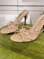 STRAPPY SANDAL WITH RHINESTONE CHAIN IN BEIGE PATENT LEATHER