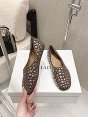CELINE 26S FLAT SHOES IN TOFFEE BROWN SUEDE WITH METAL STUDS
