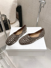 CELINE 26S FLAT SHOES IN TOFFEE BROWN SUEDE WITH METAL STUDS