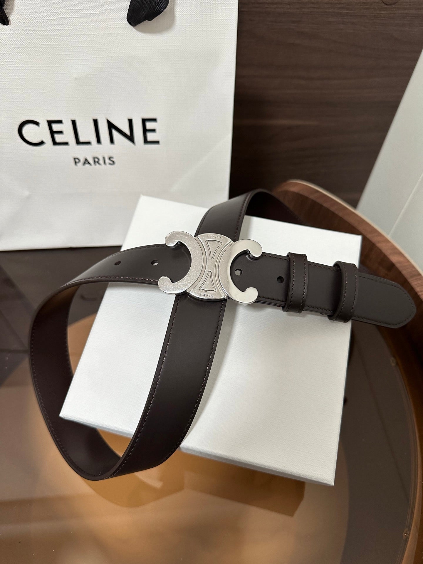 TRIOMPHE BELT 30MM IN DARK BROWN CALFSKIN WITH SILVER BUCKLE