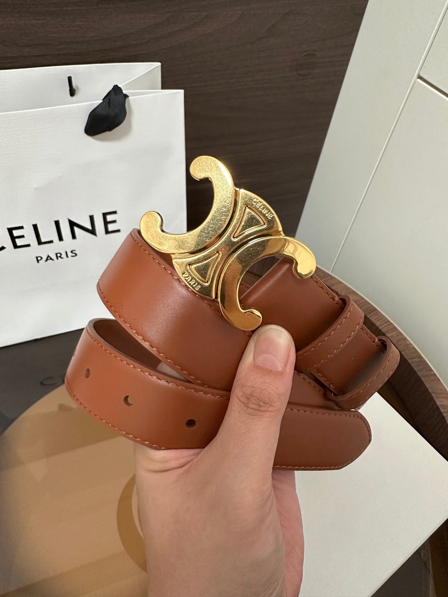 TRIOMPHE BELT 30MM IN BROWN CALFSKIN WITH GOLD BUCKLE