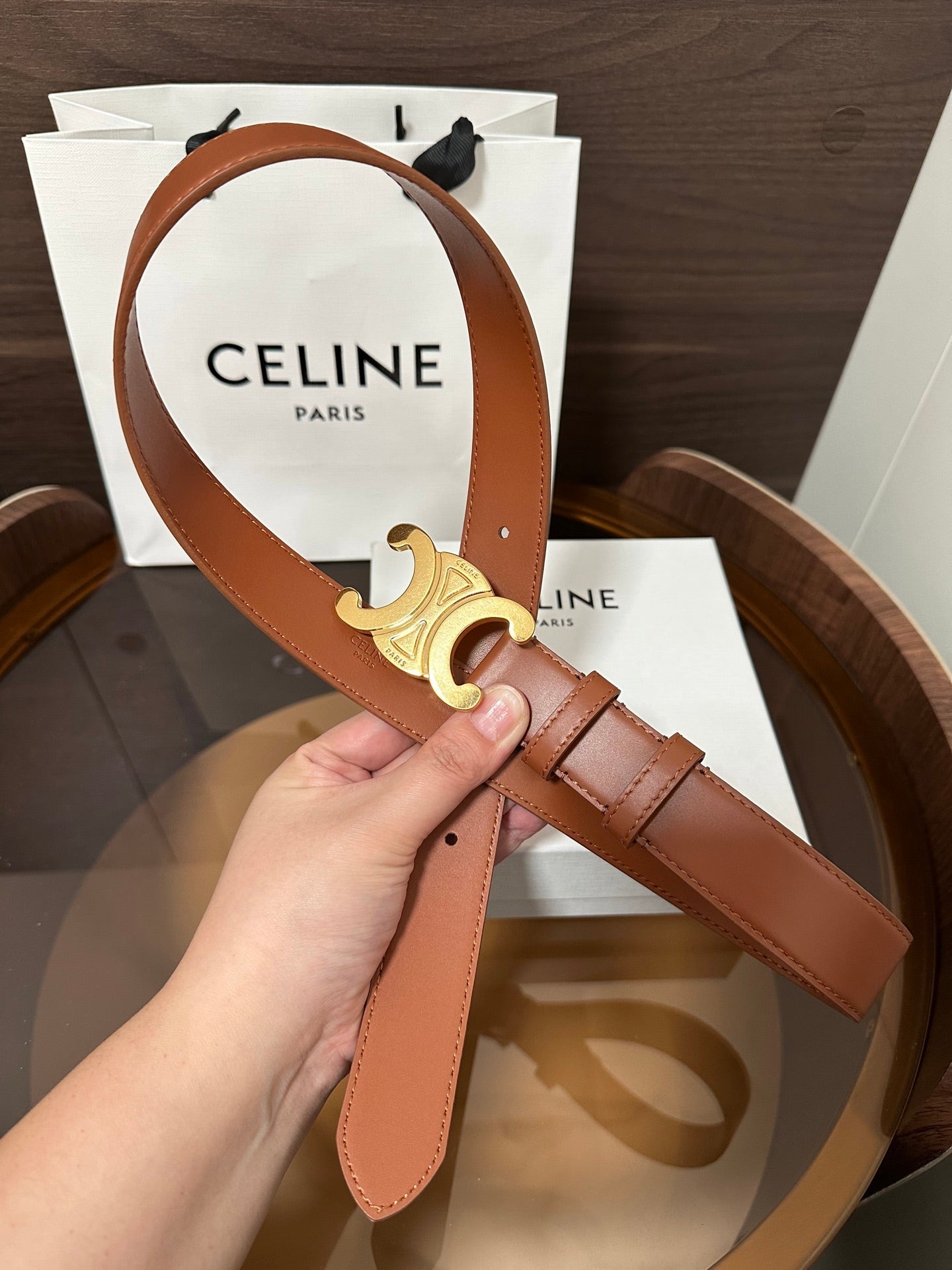 TRIOMPHE BELT 30MM IN BROWN CALFSKIN WITH GOLD BUCKLE