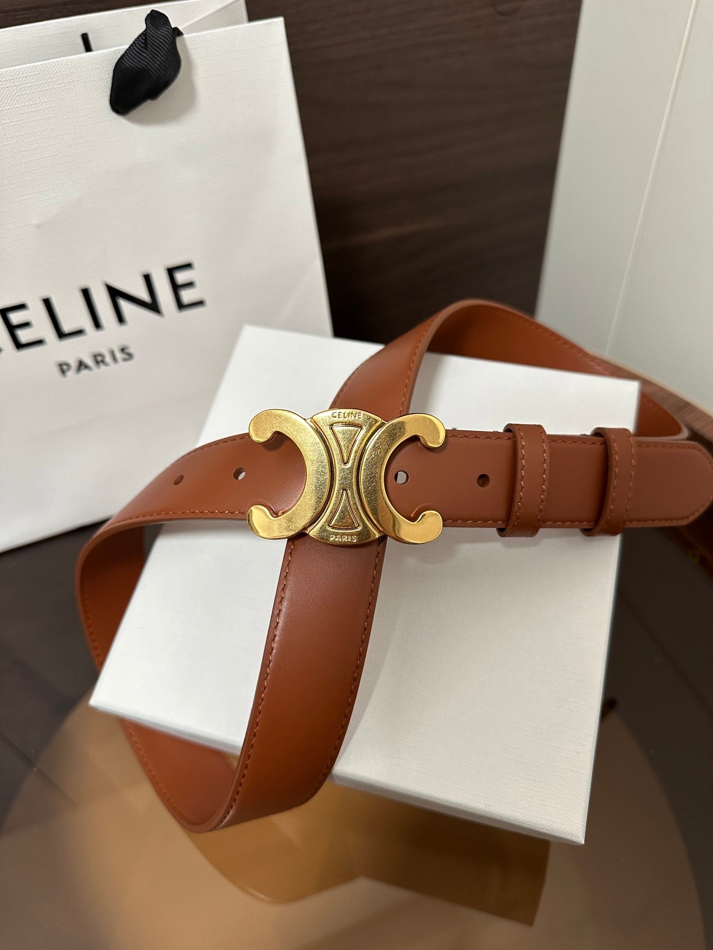 TRIOMPHE BELT 30MM IN BROWN CALFSKIN WITH GOLD BUCKLE