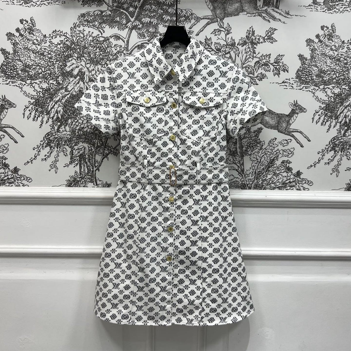 LV JACQUARD PATTERN ROUND NECK DENIM DRESS 274622