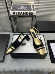 slingback black suede gold metalic lambskin square toe 5.0