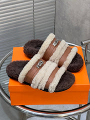 HM 25S SANDAL IN BEIGE WOOL AND BROWN LAMBSKIN WITH SILVER HARDWARE