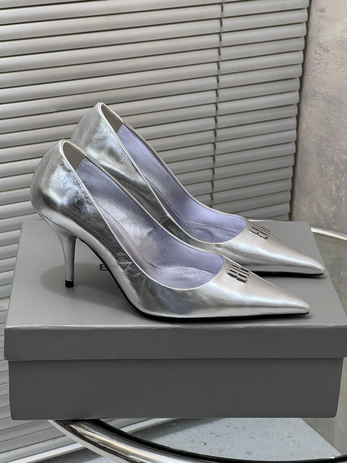 BALENCIAGA 25S HIGH-HEEL SHOES 85 MM IN SILVER COW LEATHER