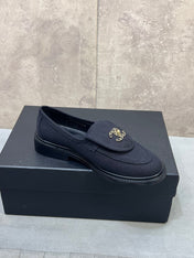 CHANEL 26S LOAFERS IN BLACK CANVAS WITH QUILTED FLAP & CHAIN CC LOGO
