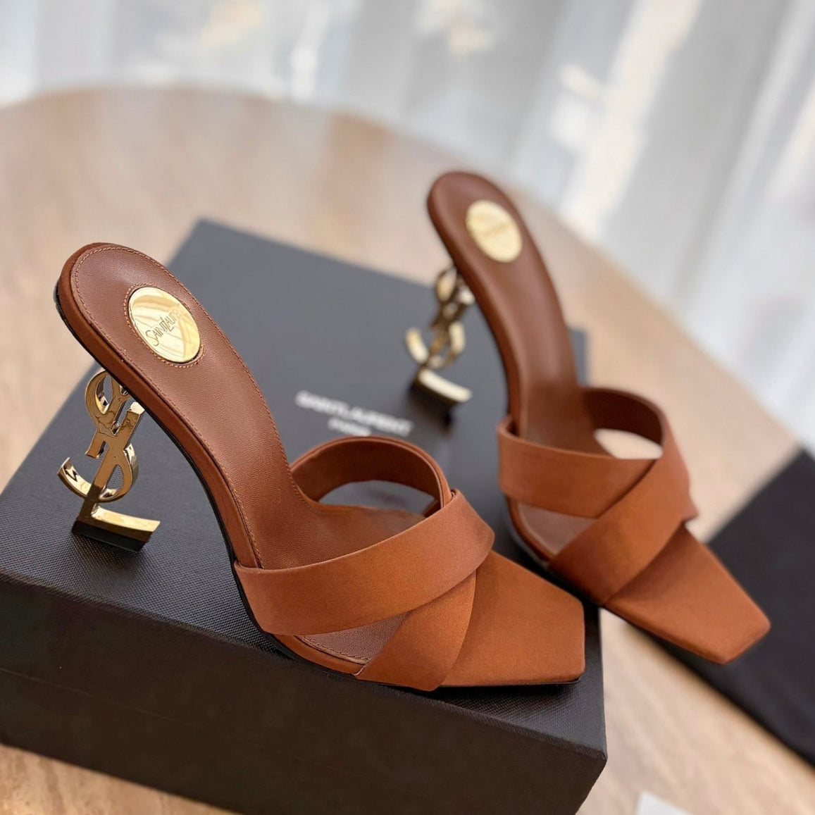 OPYUM OPEN TOE HIGH 10 CM MULES IN BRONZE BROWN CALFSKIN