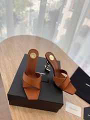 OPYUM OPEN TOE HIGH 10 CM MULES IN BRONZE BROWN CALFSKIN