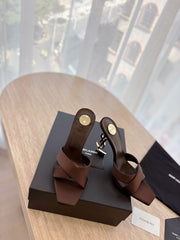 OPYUM OPEN TOE HIGH 10 CM MULES IN CHOCOLATE BROWN CALFSKIN