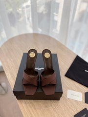 OPYUM OPEN TOE HIGH 10 CM MULES IN CHOCOLATE BROWN CALFSKIN