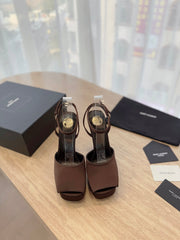 LA SCANDALE HIGH 14 CM PLATFORM SANDALS IN CHOCOLATE BROWN SATIN CREPE