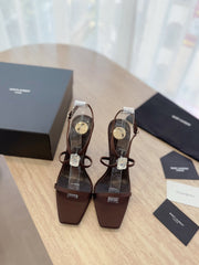 HIGH HEEL SANDAL 10 CM IN CHOCOLATE BROWN SATIN CREPE AND CRYSTAL