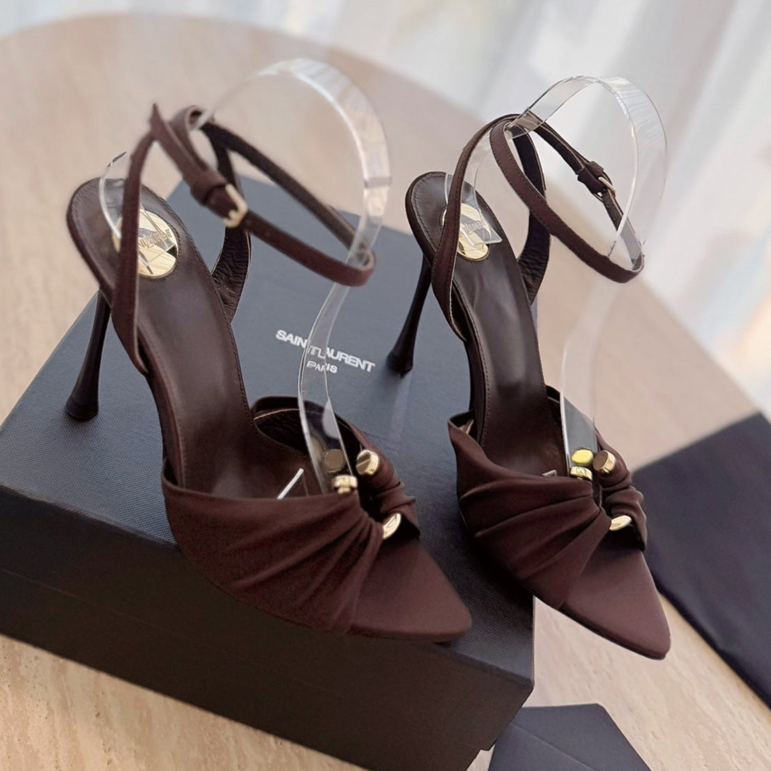 LOLA SANDAL 10 CM IN CHOCOLATE BROWN VISCOSE AND SILK
