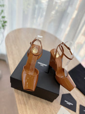 LA SCANDALE HIGH 10 CM WEDGE SANDALS IN BRONZE BROWN PATENT LEATHER