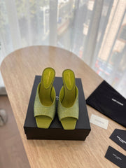 HIGH HEEL BLONDE MULE 10 CM IN OLIVE GREEN SATIN WITH RHINESTONES