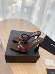 RAV HIGH HEEL 10 CM EMBELLISHED CHOCOLATE BROWN SATIN MULES