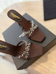 RAV HIGH HEEL 10 CM EMBELLISHED CHOCOLATE BROWN SATIN MULES
