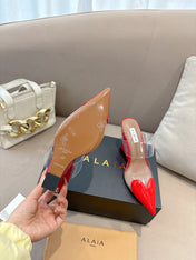 ALAIA 26S HIGH-HEEL WEDGE MULES 95 MM IN RED GLOSSY CALFSKIN