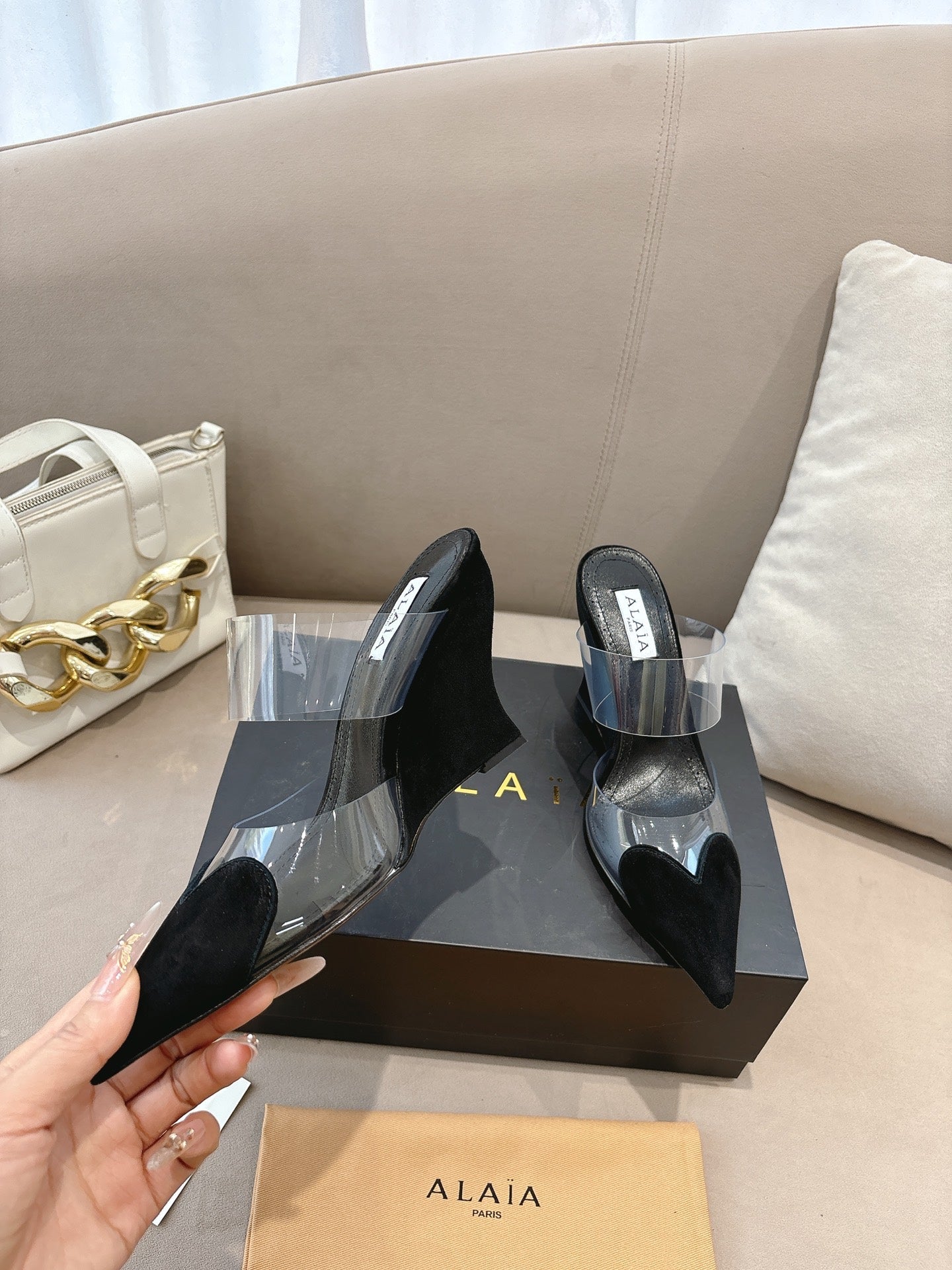 ALAIA 26S HIGH-HEEL WEDGE MULES 95 MM IN BLACK SUEDE