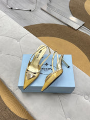PRADA 25S TRIANGLE LOGO SLINGBACK PUMPS IN GOLD MESH FABRIC