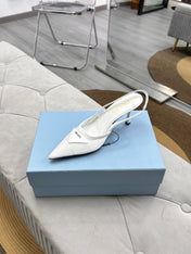 PRADA 25S TRIANGLE LOGO SLINGBACK PUMPS IN WHITE MESH FABRIC