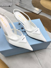 PRADA 25S TRIANGLE LOGO SLINGBACK PUMPS IN WHITE MESH FABRIC