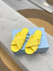 PRADA 25S SLIDE SANDALS IN YELLOW CALFSKIN LOGO