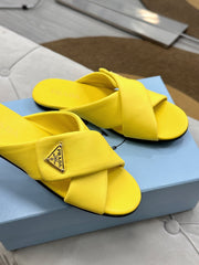 PRADA 25S SLIDE SANDALS IN YELLOW CALFSKIN LOGO