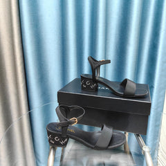 Chunky Heel Rhinestone Sandals Black Lambskin