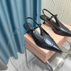 SLINGBACK BLACK LAMBSKIN WITH T- STRAPS