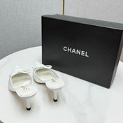 CC HEEL MULES 25S IN WHITE MESH FABRIC AND LAMBSKIN WITH BOW